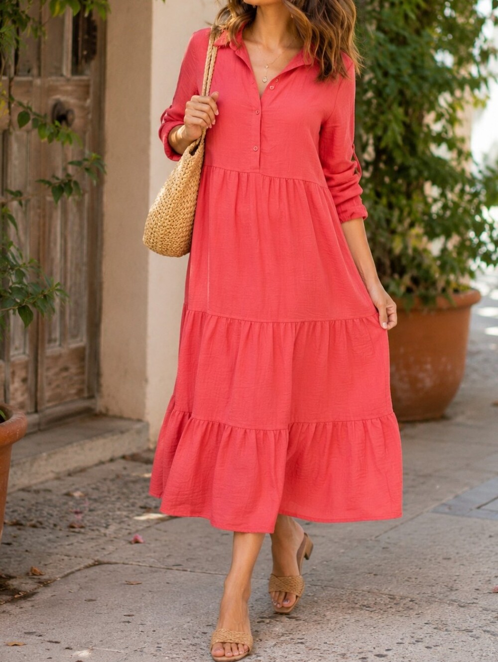 Max Studio Coral Tiered Collared Midi Dress Long Sleeve Boho Coastal